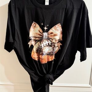 Cutest, Girly Black T-Shirt with Glitter Football Bow
